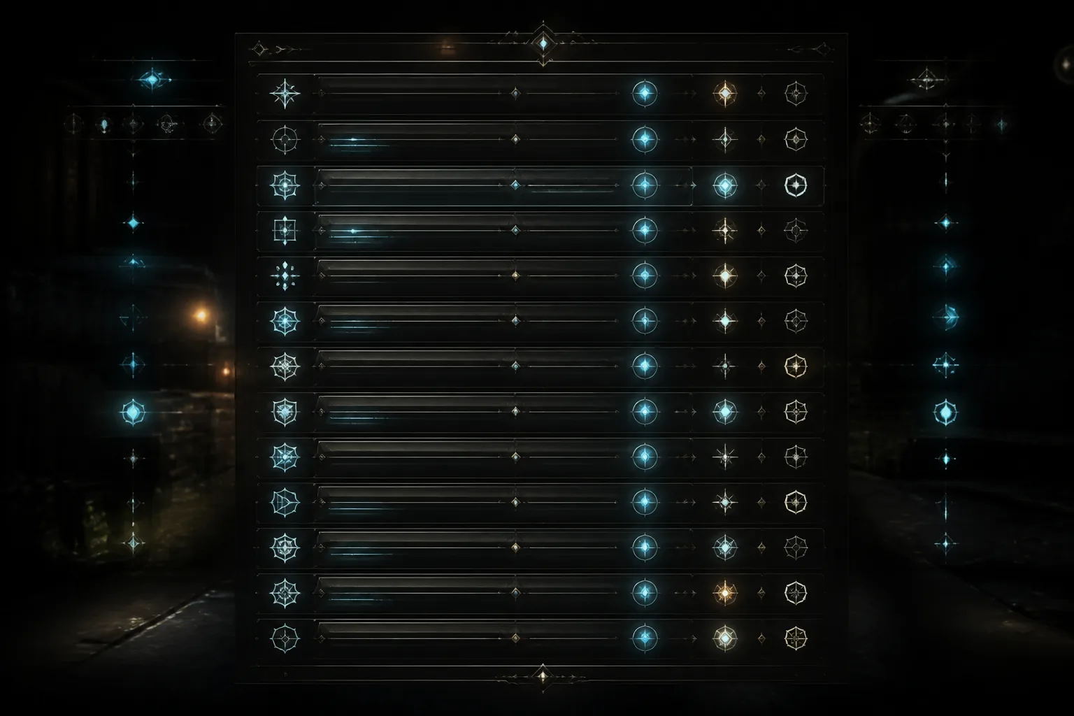 A cluttered pause menu with many equal-weight glowing rows and no clear hierarchy