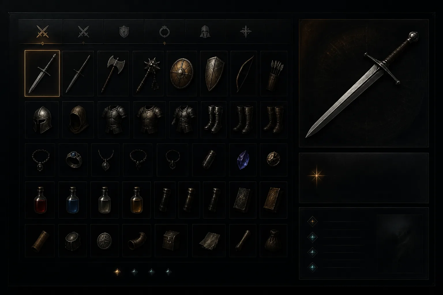 A clean inventory with a tidy item grid and a clear detail rail on the side