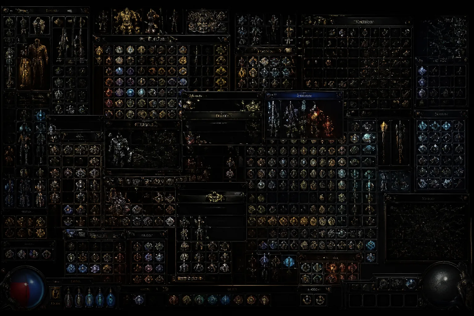 A dense, hard-to-read inventory grid with crammed item cells and overlapping tooltips